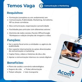 Acom abre vaga de emprego na &aacute;rea de Comunica&ccedil;&atilde;o e Marketing em Divin&oacute;polis; veja os requisitos