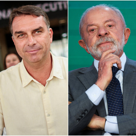 Lula e Fl&aacute;vio Bolsonaro em imagem relacionada &agrave; disputa presidencial de 2026.