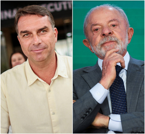 Lula e Fl&aacute;vio Bolsonaro em imagem relacionada &agrave; disputa presidencial de 2026.