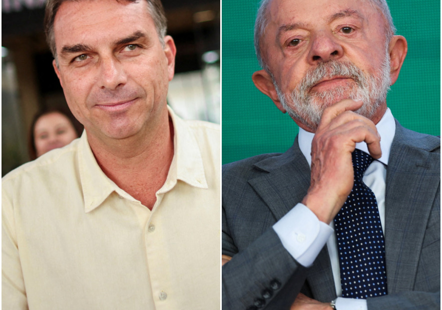 Lula e Fl&aacute;vio Bolsonaro em imagem relacionada &agrave; disputa presidencial de 2026.